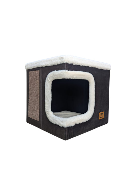 Casa para gato con rascador tipo cubo Claws & Paws – Mueble suave, cómodo y multifuncional