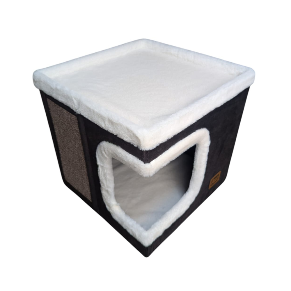 Casa para gato con rascador tipo cubo Claws & Paws – Mueble suave, cómodo y multifuncional
