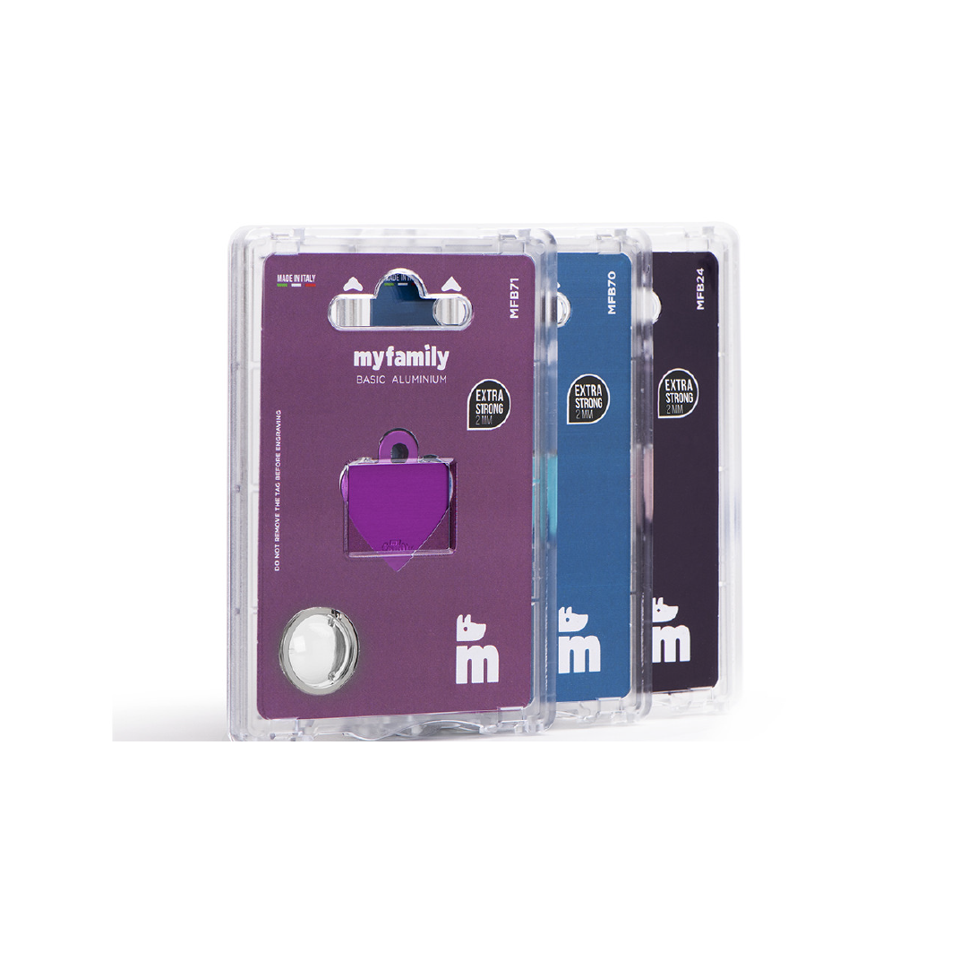 Placa de Aluminio en Forma de Corazón Morado My Family | Identificación Segura y Con Estilo para Mascotas