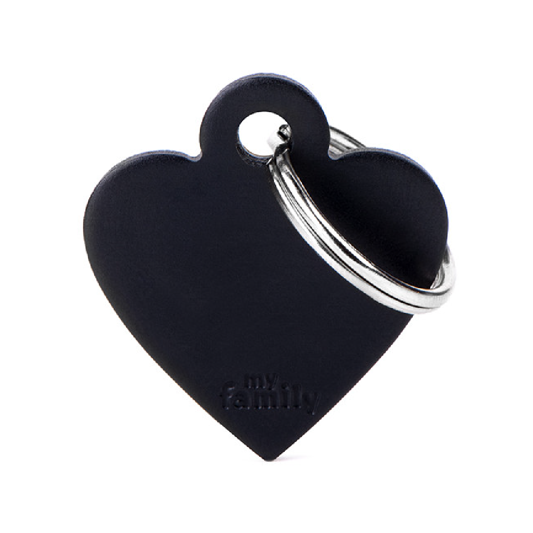 Placa de Aluminio en Forma de Corazón Negro My Family | Identificación Segura y Con Estilo para Mascotas