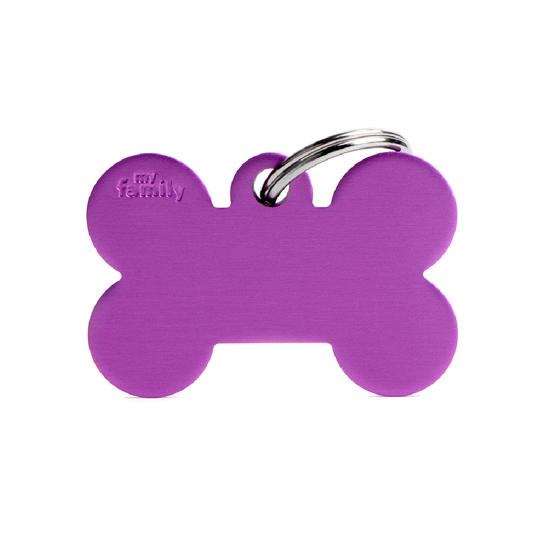 Colección Básica de Placas de Aluminio Hueso Morado My Family | Identificación Segura para Mascotas