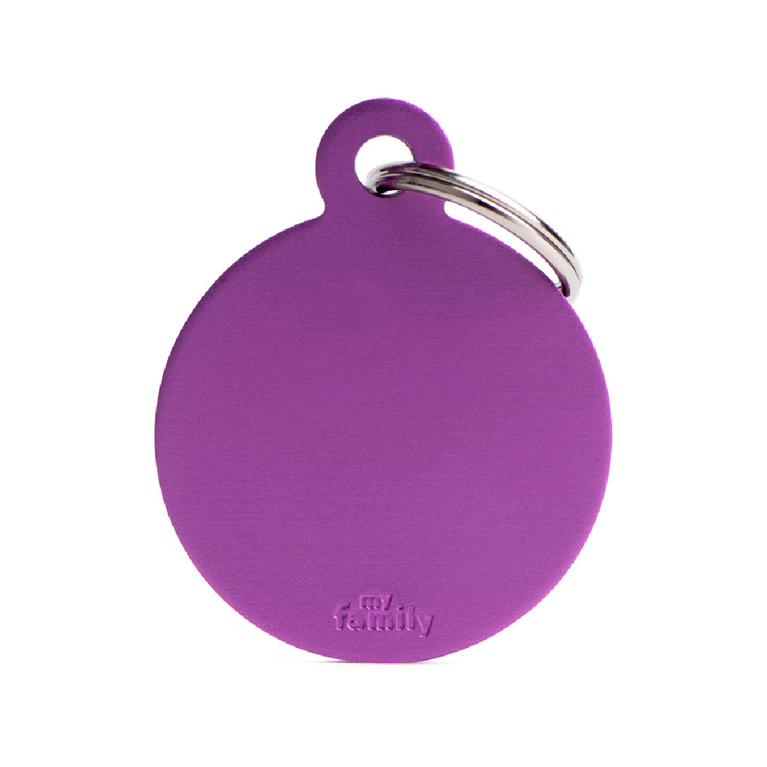 Colección Básica de Placas de Aluminio Circulo Morado My Family | Identificación Segura para Mascotas