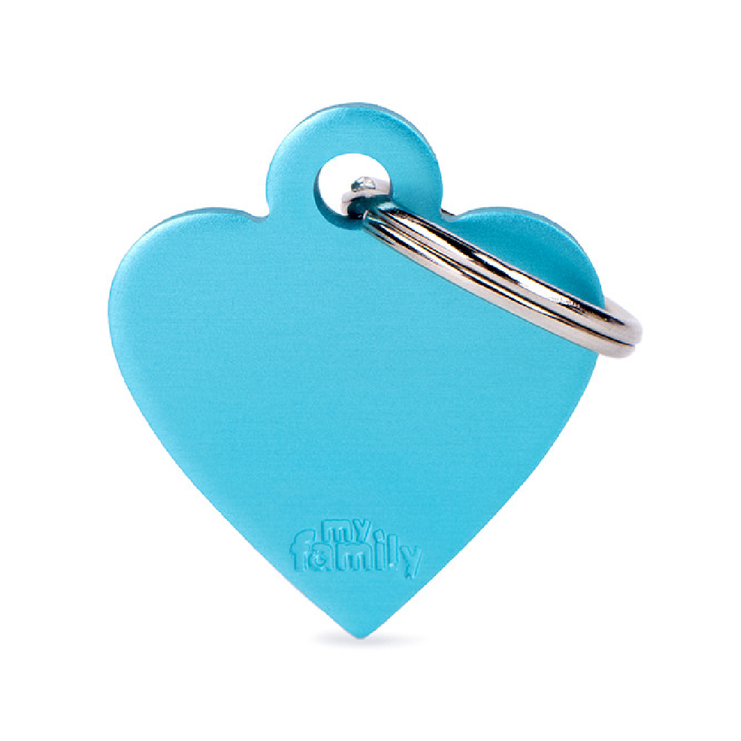 Placa de Aluminio en Forma de Corazón Celeste My Family | Identificación Segura y Con Estilo para Mascotas