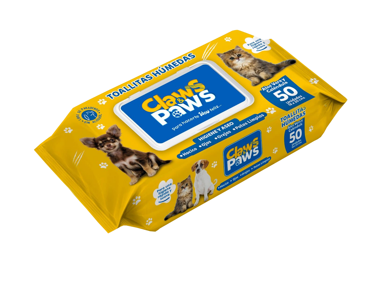 Toallitas Húmedas para Mascotas Claws & Paws – Aloe Vera y Caléndula (50 unidades)