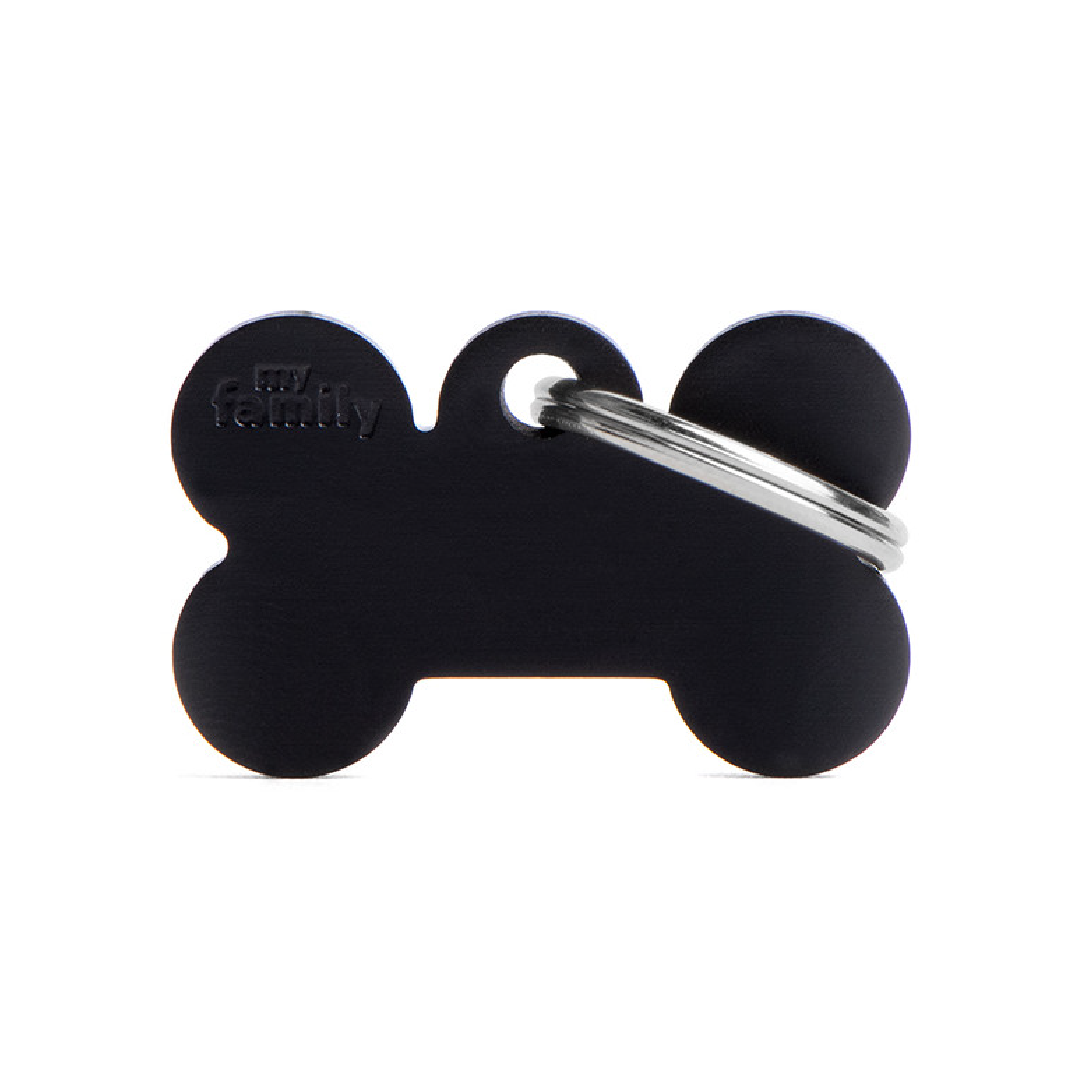 Colección Básica de Placas de Aluminio Hueso Negro My Family | Identificación Segura para Mascotas