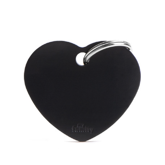 Placa de Aluminio en Forma de Corazón Negro My Family | Identificación Segura y Con Estilo para Mascotas