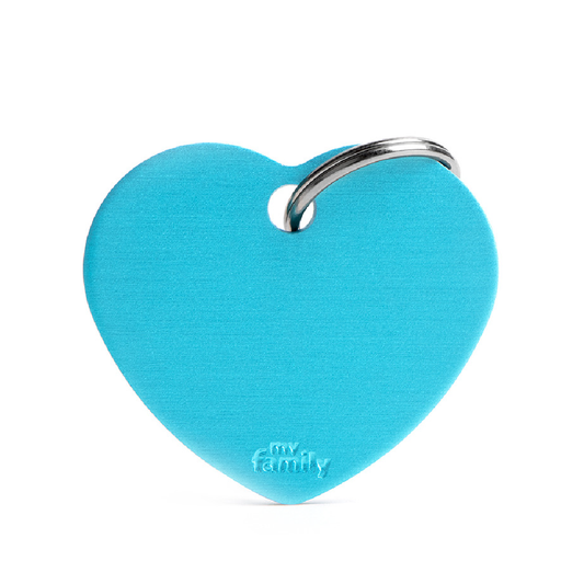 Placa de Aluminio en Forma de Corazón Celeste My Family | Identificación Segura y Con Estilo para Mascotas
