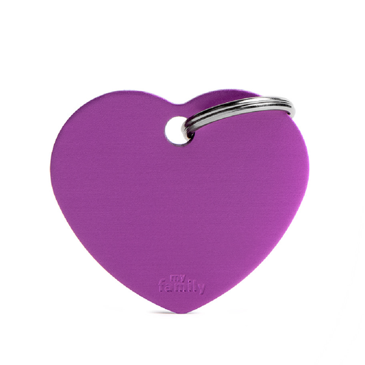 Placa de Aluminio en Forma de Corazón Morado My Family | Identificación Segura y Con Estilo para Mascotas