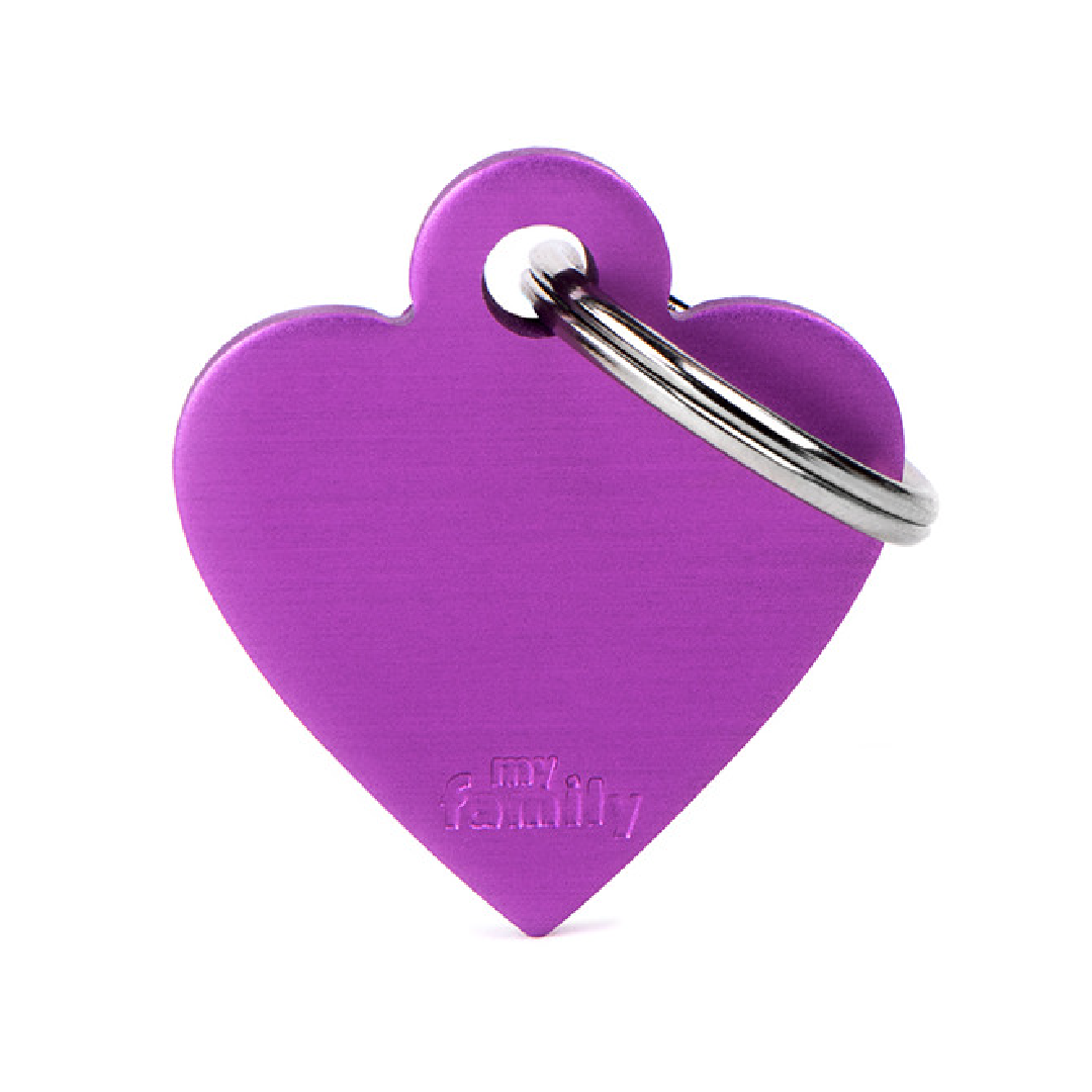 Placa de Aluminio en Forma de Corazón Morado My Family | Identificación Segura y Con Estilo para Mascotas